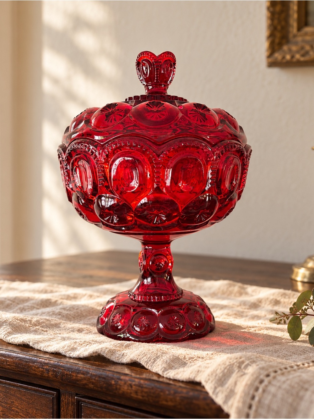 Vintage Ruby Red Pressed-Glass Covered Candy Dish - Decorative Pedestal Bowl